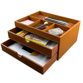 SYRWDXTX Household Multifunctional Desktop Storage Cabinet, Office File Cabinet Made of Leather, Drawers and Four Separate Organizers, Storage Box on The Bedside Table in The Room (Brown)