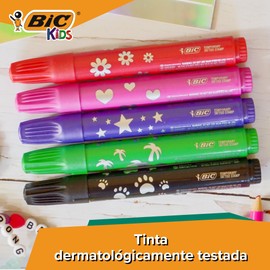 BIC Kids Temporary Tattoo Set - Pens, Stencils and Stamps with Dermatologically Tested and Fragrance-Free Ink - Pack of 5 Pens + 10 Stencils + 5 Stamps