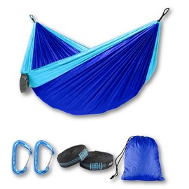 RLX Hammock (Blue, Double) Camping Hammock, Lightweight Parachute Nylon, 550 lbs Capacity, with Two Carabiners, two10 Foot (10 + 1) Heavy Duty Loop Straps and Built-in Storage Bag.Colors May Vary.