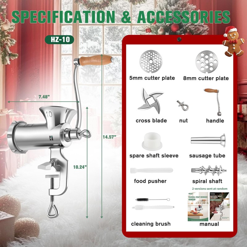Huanyu Meat Grinder Manual Stainless Steel - Heavy Duty, Sausage