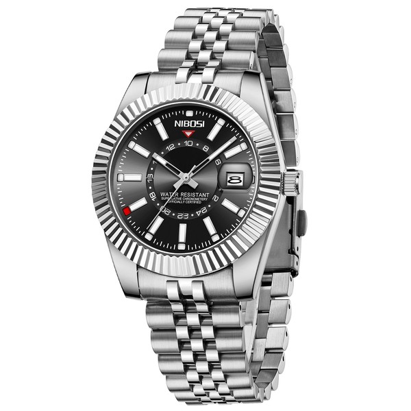 NIBOSI Watches for Men Analog Quartz Stainless Steel Dial Silver