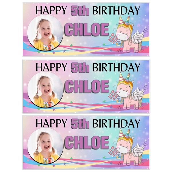 3 x Personalised Rainbow Unicorn Happy Birthday Party Photo Banners