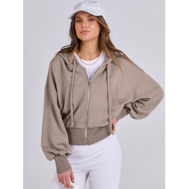 ANRABESS Women's Zip Up Hoodies Cropped Sweatshirts Full Zip Jackets 2024 Casual Fashion Fall Outfits Winter Clothes Khaki Small