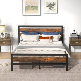 Giantex Queen Metal Bed Frame, Industrial Platform Bed with Wood Headboard and Footboard, Heavy-Duty Metal Mattress Foundation, Easy Assembly, No Box Spring Needed, Rustic Brown