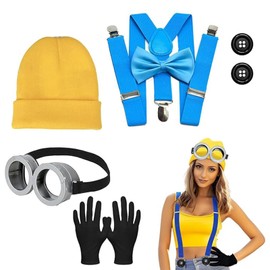 EWRGIJ Costume Accessory, 7 Pcs Yellow Costume Accessories Set, Steampunk Goggles, Yellow Beanie, Black Gloves, Buttons and Bow Tie Sling, Cute Funny Costumes for Cosplay Party