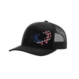 Heritage Pride Men's Embroidered American Flag Deer Antlers Mesh Back Trucker Hat, Black/Black