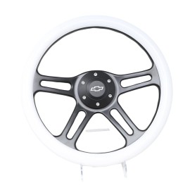 New World Motoring 14" 4 Spoke Black Steering Wheel WHITE Grip 6 Hole Chevy Horn Button Muscle
