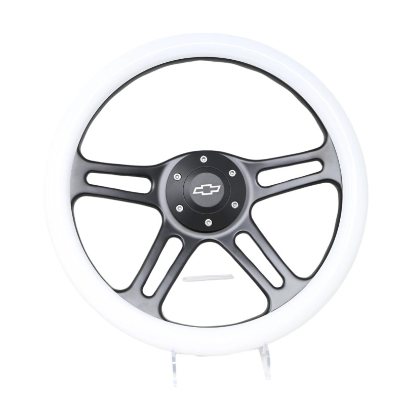 New World Motoring 14" 4 Spoke Black Steering Wheel WHITE