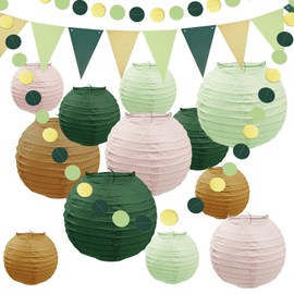 16 x Paper Lanterns, Hyacinthy Round Green Hanging Paper Lantern Decorations with Hanging Line, Paper Lanterns Lampshade for Birthday, Wedding, Party Decorations, Indoor and Garden Decoration