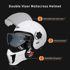 Modular Motorcycle Helmet with Double Visors, DOT Approved Motorcycle Helmets, Full Face Motocross Helmet for Adults Mens, Women Youth White-L