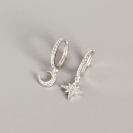 Cute Crystal Moon and Star Earrings for Women Teen Girls S925 Sterling Silver with Pendants Asymmetric Pave Set, 18 carat gold plated, Cubic Zirconia