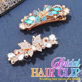Kilshye Rhinestone French Barrette Hair Clips Gold Butterfly Hair Barrettes Fancy Hair Accessories for Women (Pack of 2) (White and Blue, One Size)