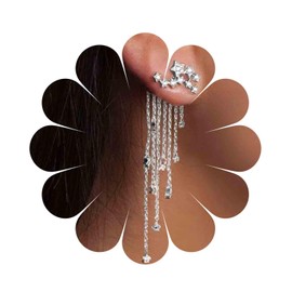 Yheakne Star Chain Dangle Earrings Silver Tassel Chain Earrings Bohemia Star Ear Climber Earrings Long Crystal Tassel Drop Earrings Jewelry for Women (Silver)