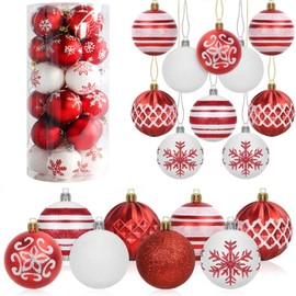 LATERN 24Pcs Christmas Baubles, 6CM Red and White Christmas Ball Ornaments Shatterproof Christmas Hanging Balls Sets for Christmas Tree Holidays Home Xmas Party Decoration (8 Styles)