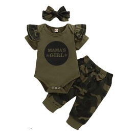 i-Auto Time Mama’s Newborn Baby Boy Girl Clothes Camouflage Ruffle Short Sleeve Romper+ Pants Bow Outfit Clothing Set (Mama's Girl, 12-18 Months)