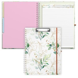 Rimilak Spiral Clipboard Folio with Refillable Lined Notepad, 14.5 x 9.8 in, Hardcover Cover with 5 Interior Pockets, Elastic Band and Pen Loop Series. Cute Stylish Clipfolio, Bohe Leaves