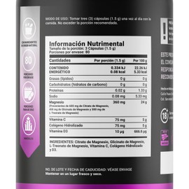 Mezcla de Magnesios Premium con 240 Cápsulas 1500 mg por poción. Adicionado con Colágeno Hidrolizado, Vitamina D3 y Vitamina C. 3 Mag Platinum B Life.