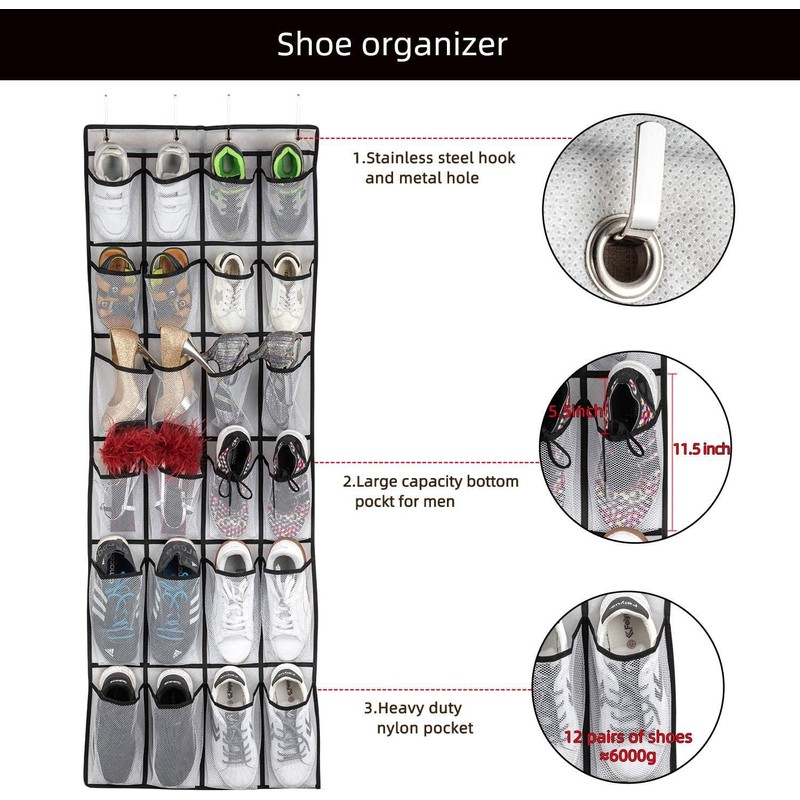Janifaca Minimalist Over the Door Shoe Organiser, 24 Mesh Pockets,