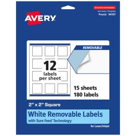 Avery Matte White Removable Square Labels with Sure Feed Technology, Print-to-The-Edge, 2" x 2", 180 Removable Labels, Laser/Inkjet Printable Labels