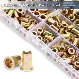 PAIGOIN 148PCS Rivet Nuts Assortment Kit,Zinc SAE Rivet Nut Kit 8-32 10-24 1/4"-20 5/16"-18 3/8"-16 Flat Head Threaded Nut Inserts