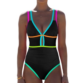 Popvil - Traje de baño de una pieza para mujer, con control de abdomen, sexy recortado, bloque de color neón, traje de baño ajustable con cuello en V profundo, Negro1, X-Large