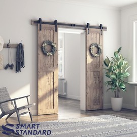 SMARTSTANDARD 7 FT Double Barn Door Hardware Kit, Sliding Door Track-Smoothly and Quietly -includes Detailed Installation Fit 21" Wide Doorpanel (J Shape Hanger) Black