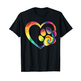 Cute Tie Dye Dog Paw Love Heart Print Colorful Pet Dog Lover T-Shirt