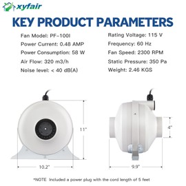 xyfair PF-100 | Radon Mitigation Fan 4" 190CFM | Waterproof Duct Fan (Indoor/Outdoor)