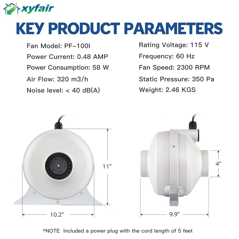 xyfair PF-100 | Radon Mitigation Fan 4" 190CFM | Waterproof