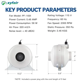 PF-100 | Radon Mitigation Fan 4" 190CFM | Waterproof Duct Fan (Indoor/Outdoor)