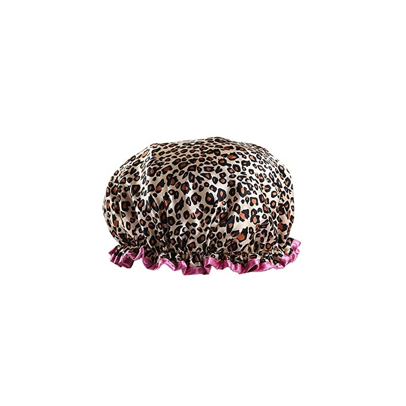 Reusable Waterproof Shower Cap - Double Thick, Leopard Red Border