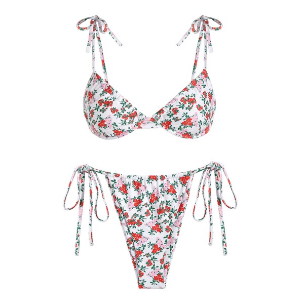 seamoly Textured Cinched Tie Straps Tanga Bikini Set, Multicolor-06, X-Small