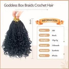 Paraglame Boho Box Braids Crochet Hair 8 Inch Goddess Box Braids Crochet Hair 8 Packs Pre Looped 3X Bohemian Box Braids With Curly Ends Crochet Hair For Women(8 Packs,1B)