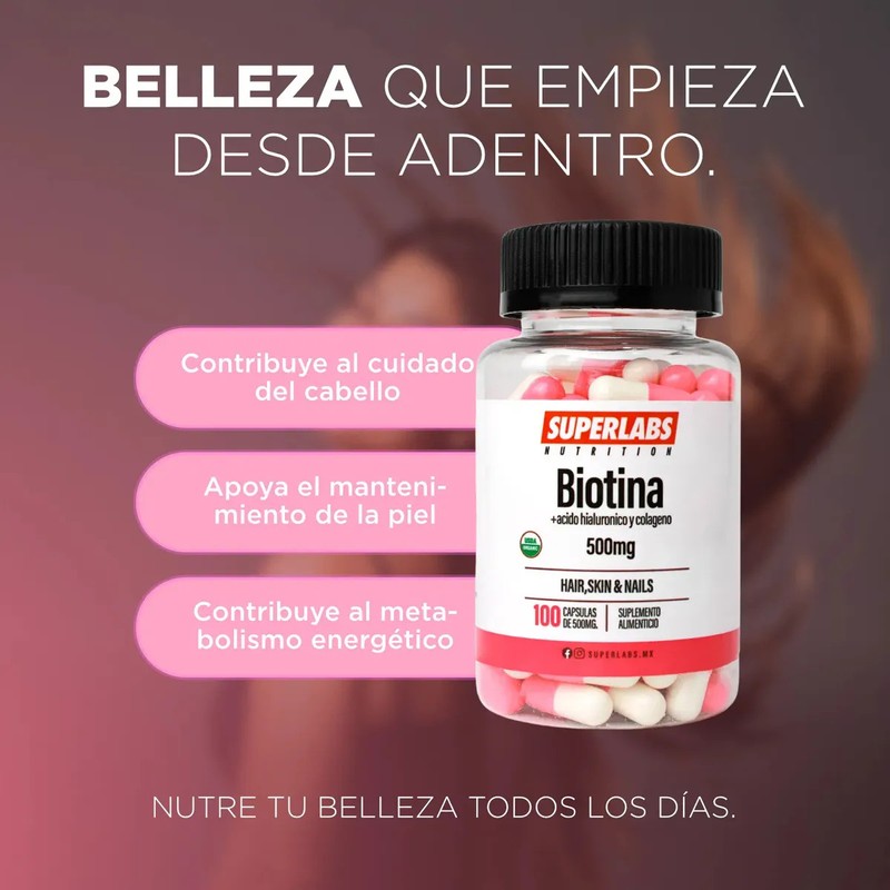 Biotina 500 mg Superlabs Nutrition 100 Cápsulas Suplemento Alimenticio para
