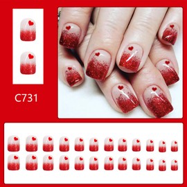 Red Glitter Press on Nails Short Square Valentines Day Fake Nails with Glue Gradient French Tip Design Red Love Heart False Nails Valentine Love Glue on Nails Artificial Stick on Nails for Women Girls