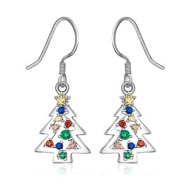 Christmas Tree Dangle Earrings Drop Star S925 Sterling Sliver for Women Colorful CZ Hypoallergenic Piercing Cute Fish Hook Festive Winter Holiday Jewelry Xmas Gift