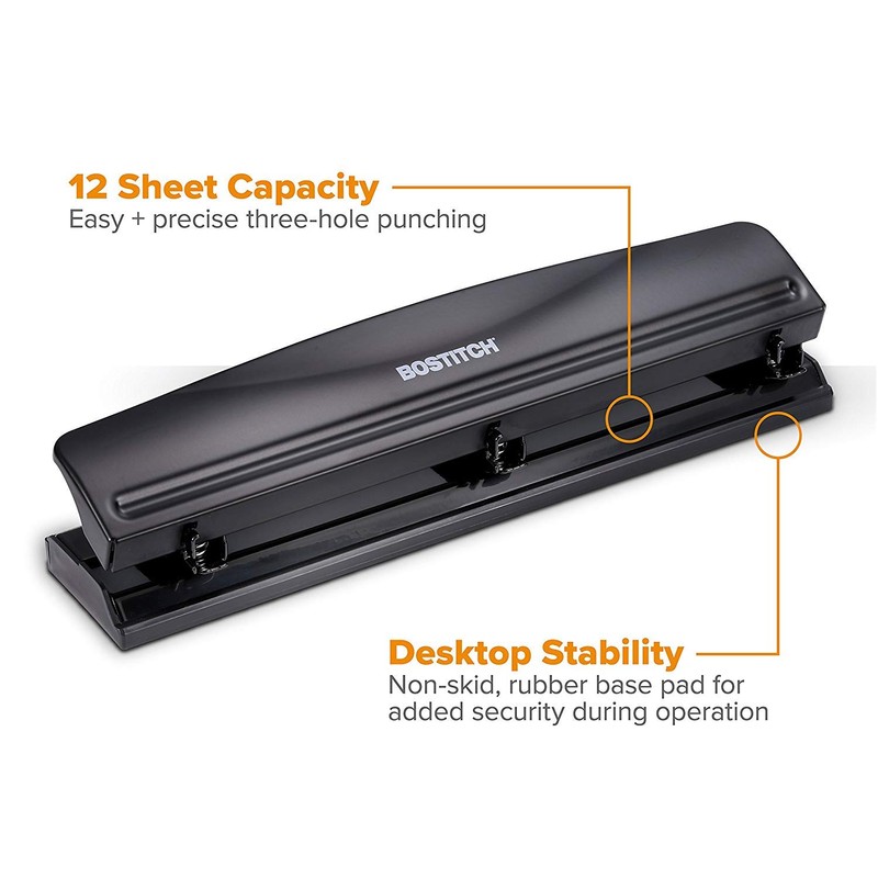 Bostitch Office 3 Hole Punch, Durable Metal,Rubber Base, 12 Sheets,