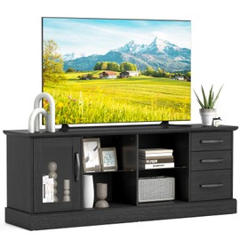 Giantex Farmhouse TV Stand for 73 Inch TV, Wood TV Console Table w/Removable Glass Shelves, Cable Management Holes & Drawers, Rustic Entertainment Center with Storage for Living Room, Bedroom, Black