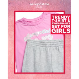 AEROPOSTALE Girls Pants Set - 2 Piece Short Sleeve Graphic Tee Tops and Soft Fleece Cargo Sweatpants Kids Clothing Set (7-16), Size 10-12, Pink Whimsy Grey