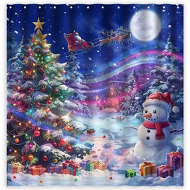 ZTHMOE Christmas Shower Curtain for Bathroom Winter Night Xmas Tree Santa Snowman North Pole Home Decorations Sets with 12 Hooks Waterproof Polyester 72" x 72"