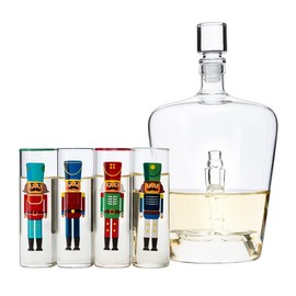 Nutcracker Decanter & Glasses, Set of 5 - Glassware Nutcrackers Theme & Shot Glass, Wine & Spirits - 40oz Bottle & 2oz - Holiday Spirit & Cheer Decor, Festive Themed Winter, Xmas Decorations