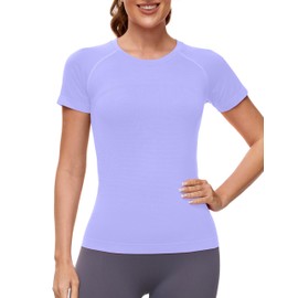 MathCat Workout Shirts for Women Short Sleeve Seamless Yoga Athletic Tees Sports Breathable Gym Athletic Tops Lilac