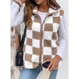 SHEWIN Womens Fall Fashion 2025 Causal Fleece Vest Women Lightweight Plaid Vests For Women 2025 Trendy Womens Vests Outerwear,US 20-22(2XL),Pale Khaki