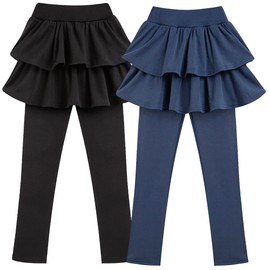 GUOGUOWU Girls School Uniform Pants Leggings with Skirts Stretch Warm Jegging 4-12 Years Navy Bule Back 2-Pack 7-8 Years