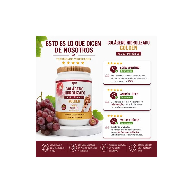 Colágeno Hidrolizado + Ácido Hialurónico Uva 1.1 Kg Original