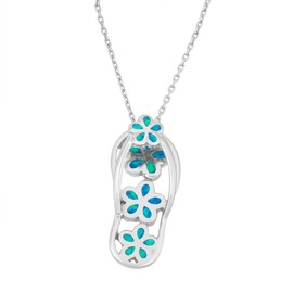 Sterling Silver Created Blue Opal Flip-Flop with Flowers Pendant with 18" Chain