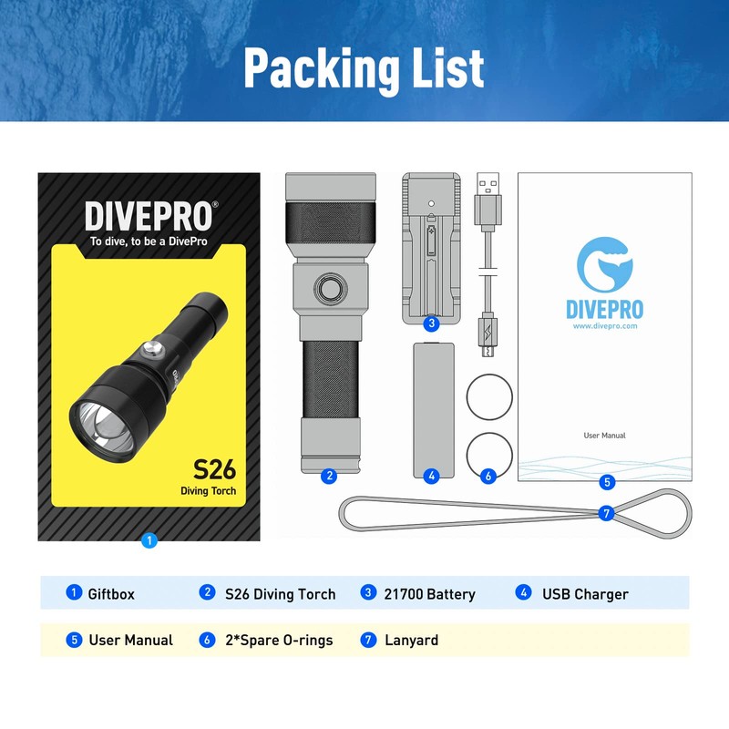 DIVEPRO S26 2600lm Compact Button Switch Diving Torch Underwater LED