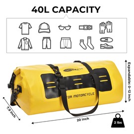 40L Waterproof Motorcycle Duffel Bag - Motorcycle Luggage Tail Bag with Straps for Back Seat - Roll Top Dry Bag for Kayaking, Rafting, Boating, Camping, Travel, Beach (Yellow)