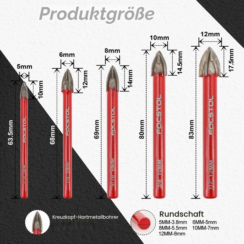 FOCSTOL Tile Drill Bit Set - 10 Pieces Carbide Drill