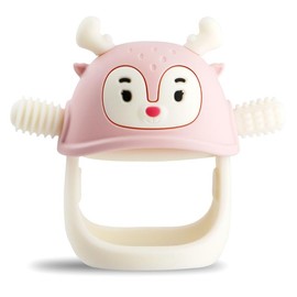 Smily Mia Reindeer Baby Teether for 6-12 Months, Easy-Grip Silicone Chew Toy with Stem Handle, 100% Food Grade BPA-Free Teething Toy for Babies, 1PCS - Color: Pink